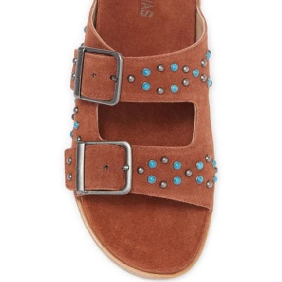 Johnny Was | Shoes | Nwot Johnny Was Brown And Blue  Johnny Was Brown Double Buckle Studded Slides Sz 7 New In Box